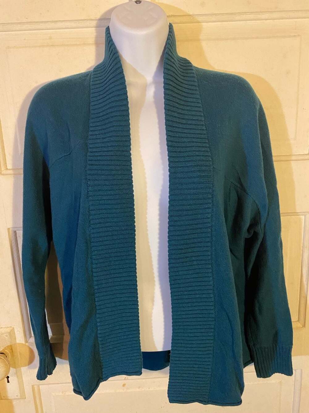Chico's Women's Open Front Cardigan Sweater in Teal Rabbit Hair Blend